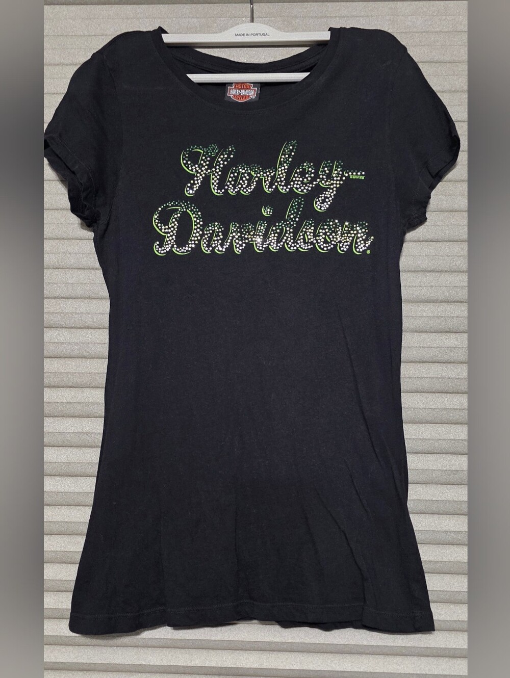 Harley-Davidson Black Tee with Green Rhinestone Script